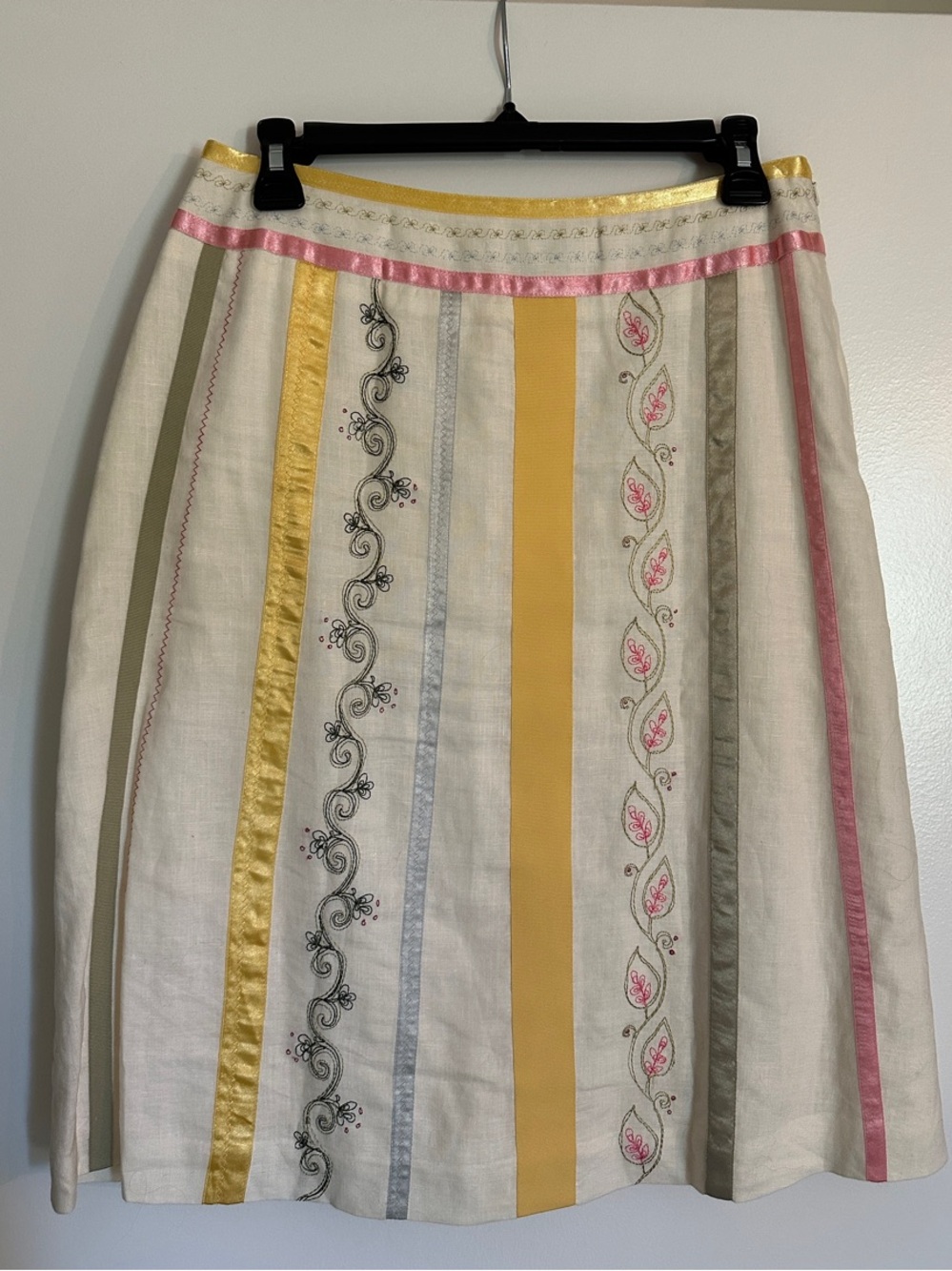 Paraphrase Cream A-Line Skirt with Pink and Yellow Ribbon Stripes